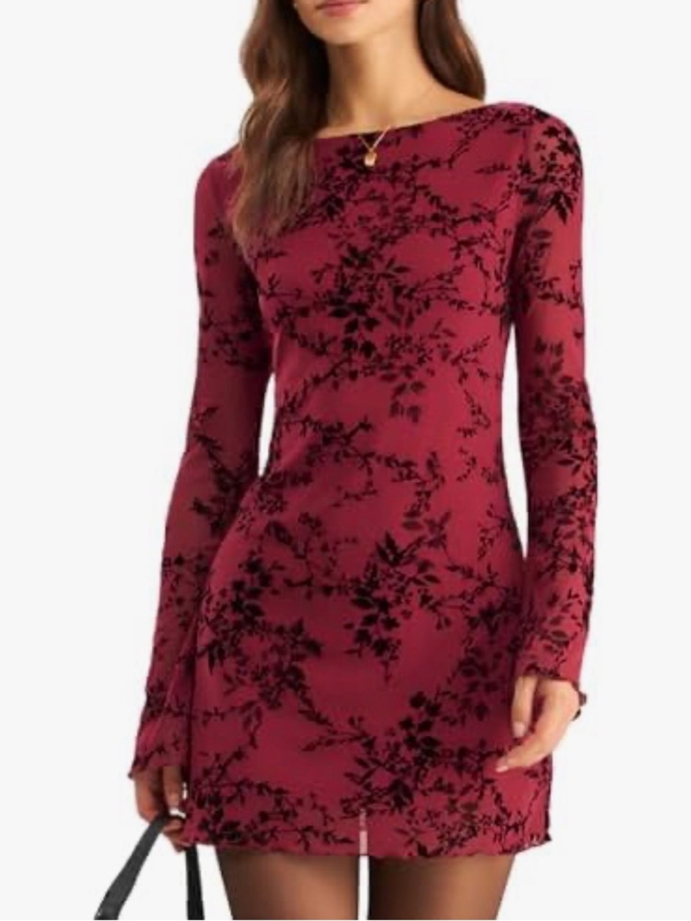 RIHOAS Burgundy Long-Sleeve Burnout Floral Mini Dress